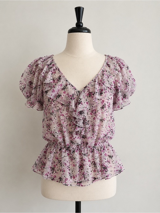 Guess Tops - Guess Pink Floral Ruffle Peplum Blouse